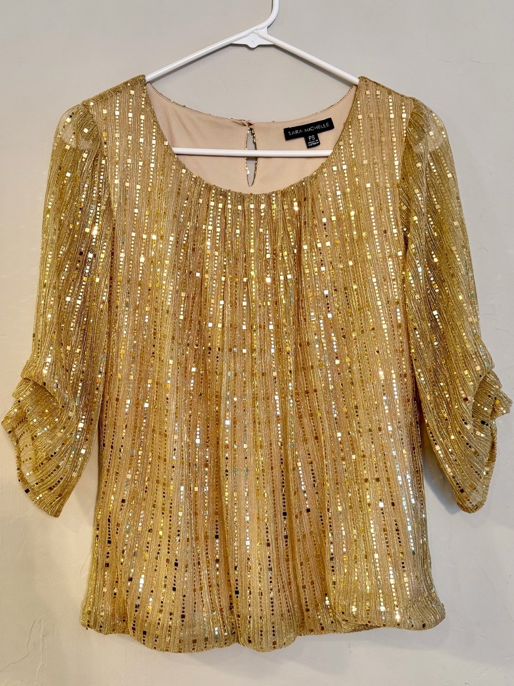 Sara Michelle Gold Sequin Scoop Neck Blouse with Ruffled Sleeves